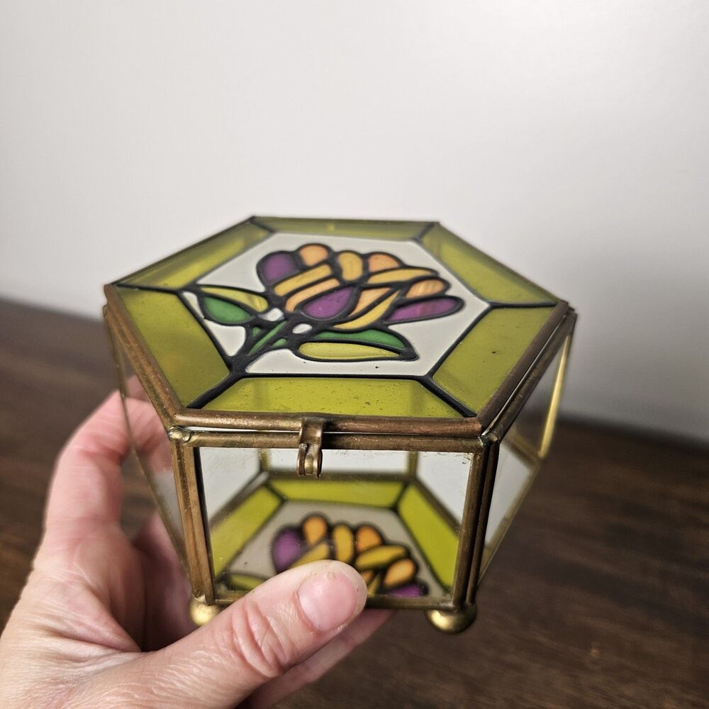 Vintage Hexagon Glass, Brass & Mirror Trinket Jewelry Box, Stained Glass Look